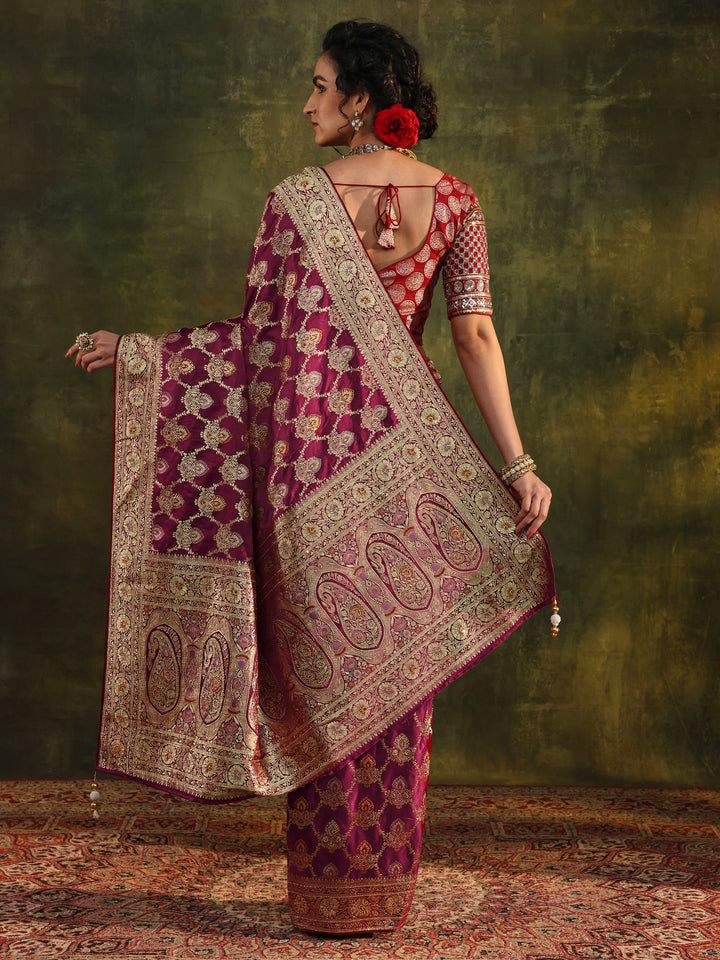 Libas Art Maroon Woven Design Silk Blend Banarasi Saree With Unstitched Blouse Piece