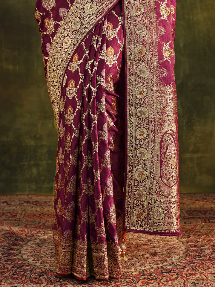 Libas Art Maroon Woven Design Silk Blend Banarasi Saree With Unstitched Blouse Piece
