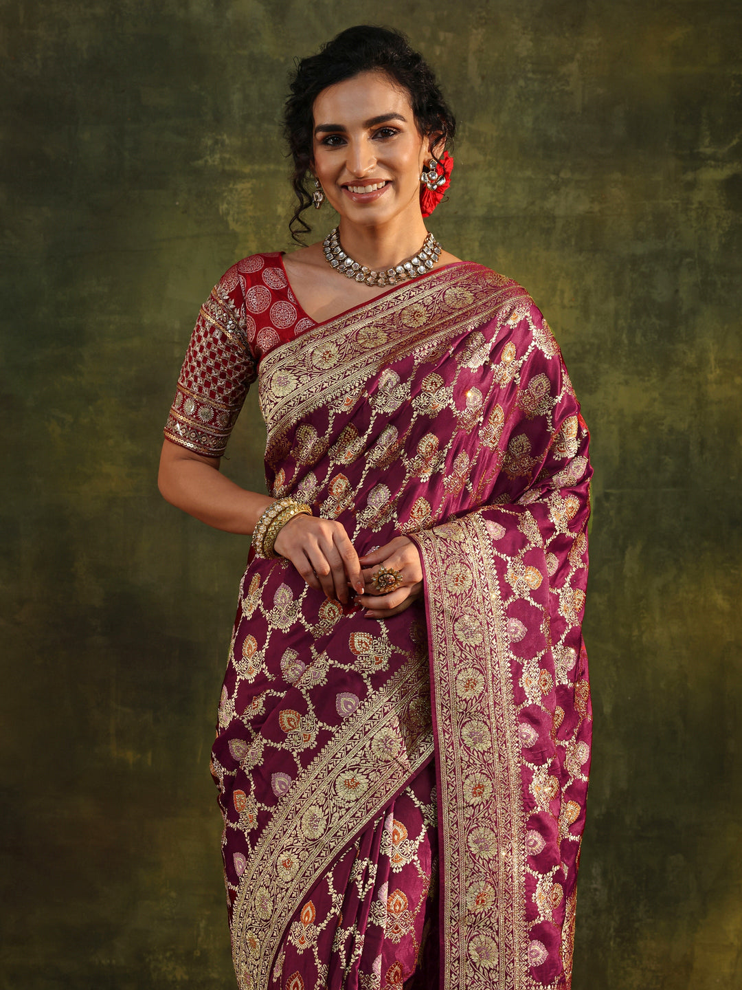 Libas Art Maroon Woven Design Silk Blend Banarasi Saree With Unstitched Blouse Piece