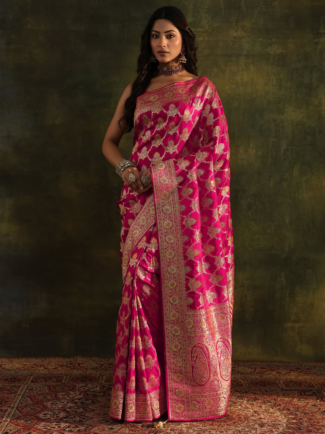 Libas Art Pink Banarasi Silk Blend Saree With Unstitched Blouse Piece