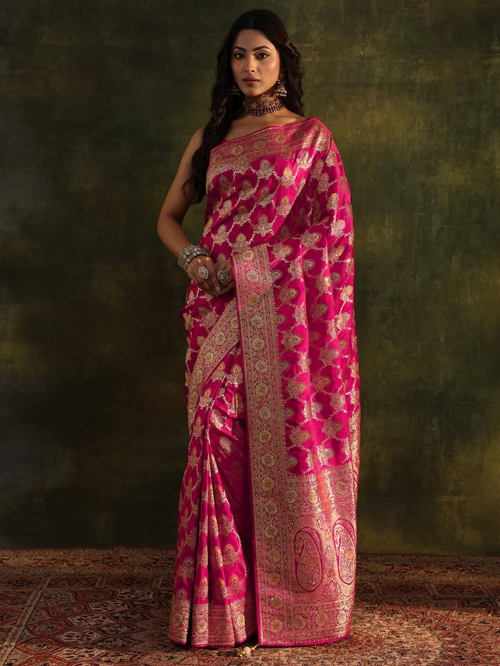 Libas Art Pink Banarasi Silk Blend Saree With Unstitched Blouse Piece