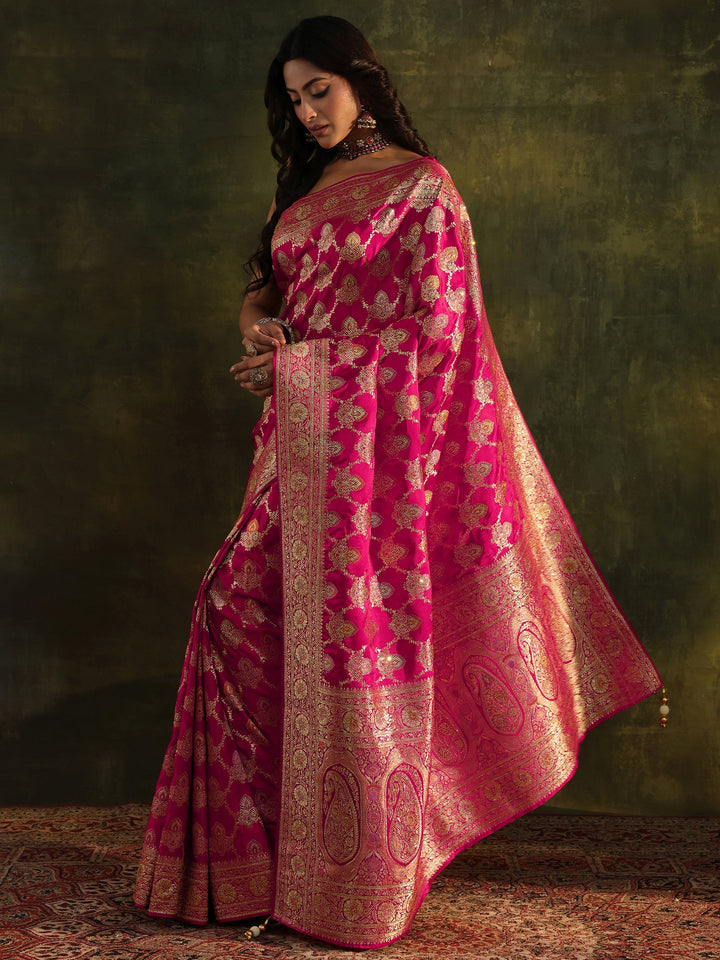 Libas Art Pink Banarasi Silk Blend Saree With Unstitched Blouse Piece