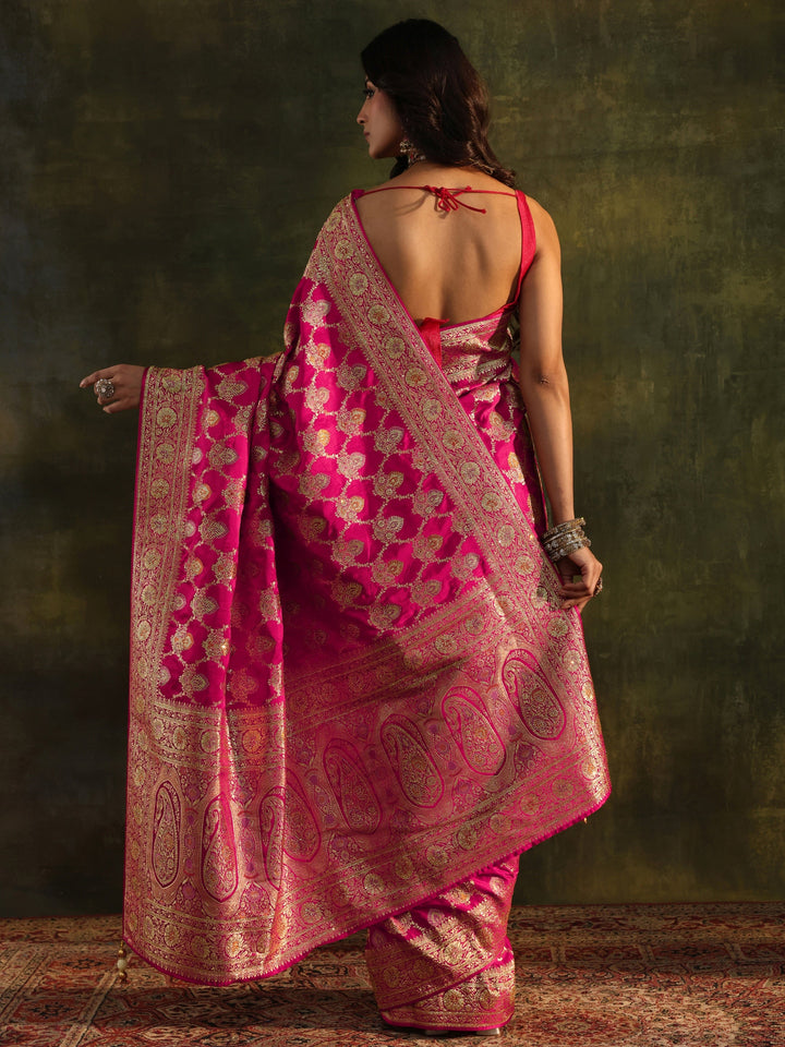 Libas Art Pink Banarasi Silk Blend Saree With Unstitched Blouse Piece