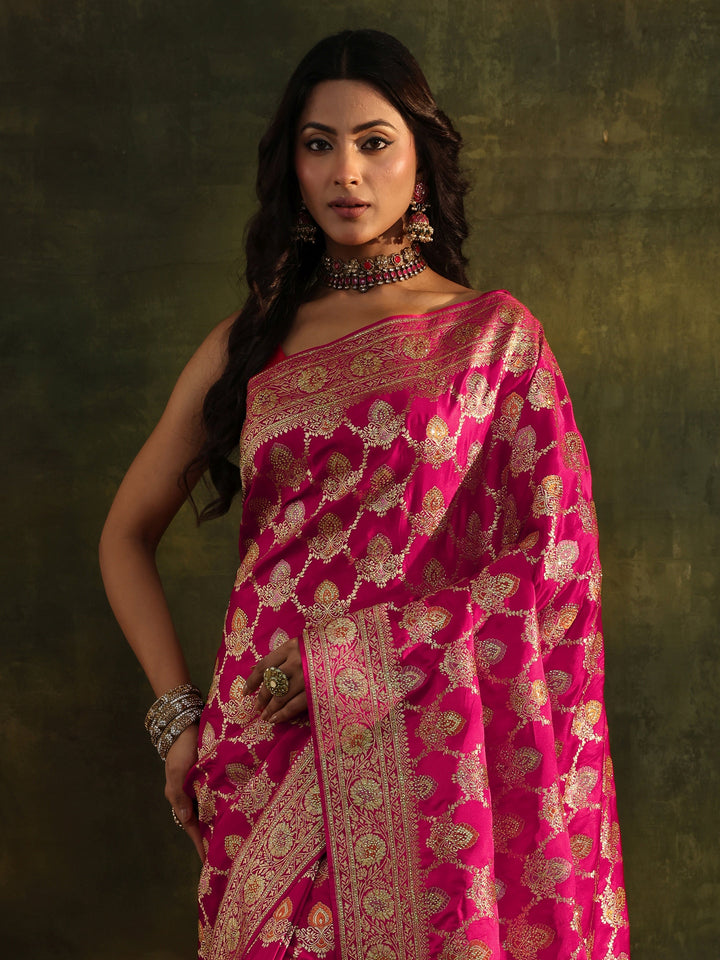 Libas Art Pink Banarasi Silk Blend Saree With Unstitched Blouse Piece