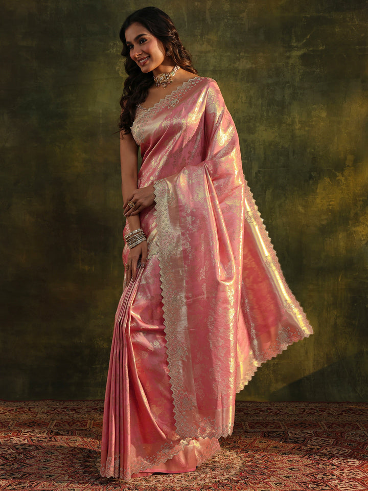 Peach Floral Embellished Silk Blend Saree With Unstitched Blouse Piece
