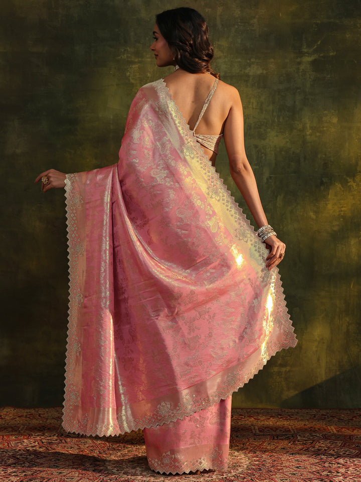 Peach Floral Embellished Silk Blend Saree With Unstitched Blouse Piece