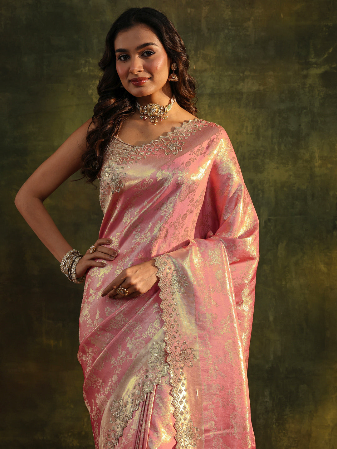 Peach Floral Embellished Silk Blend Saree With Unstitched Blouse Piece