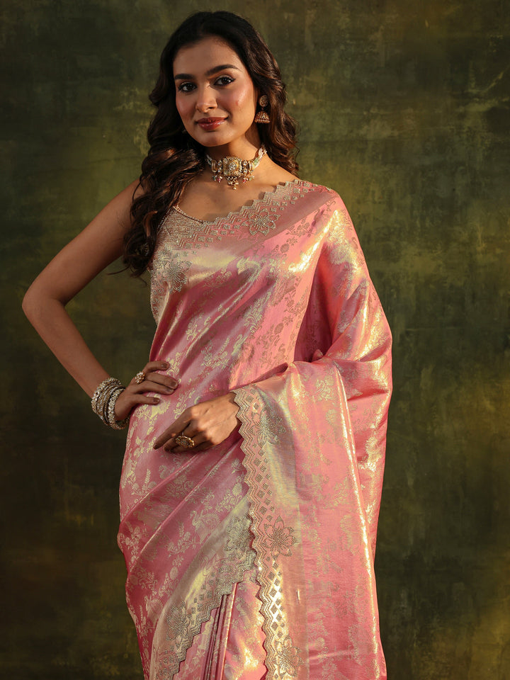 Peach Floral Embellished Silk Blend Saree With Unstitched Blouse Piece