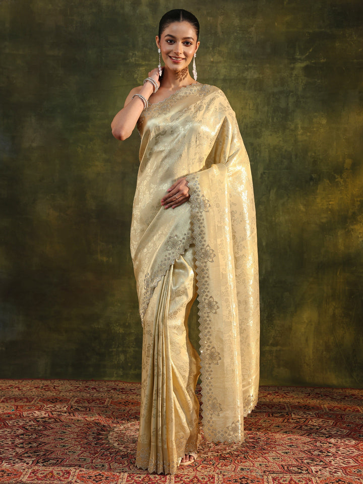 Libas Gold Floral Embellished Silk Blend Saree With Unstitched Blouse Piece