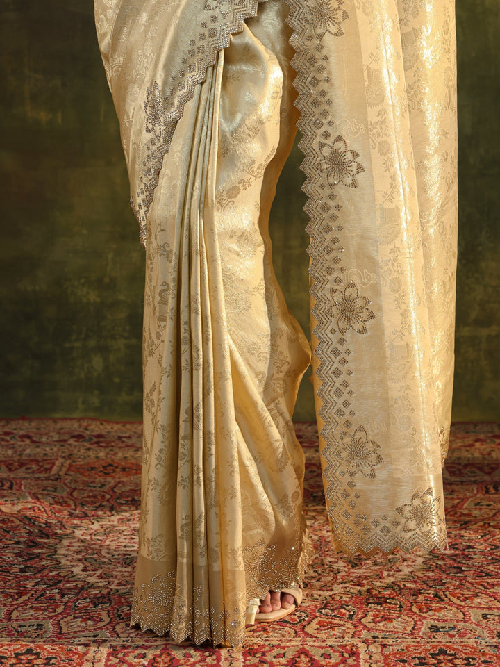 Libas Gold Floral Embellished Silk Blend Saree With Unstitched Blouse Piece