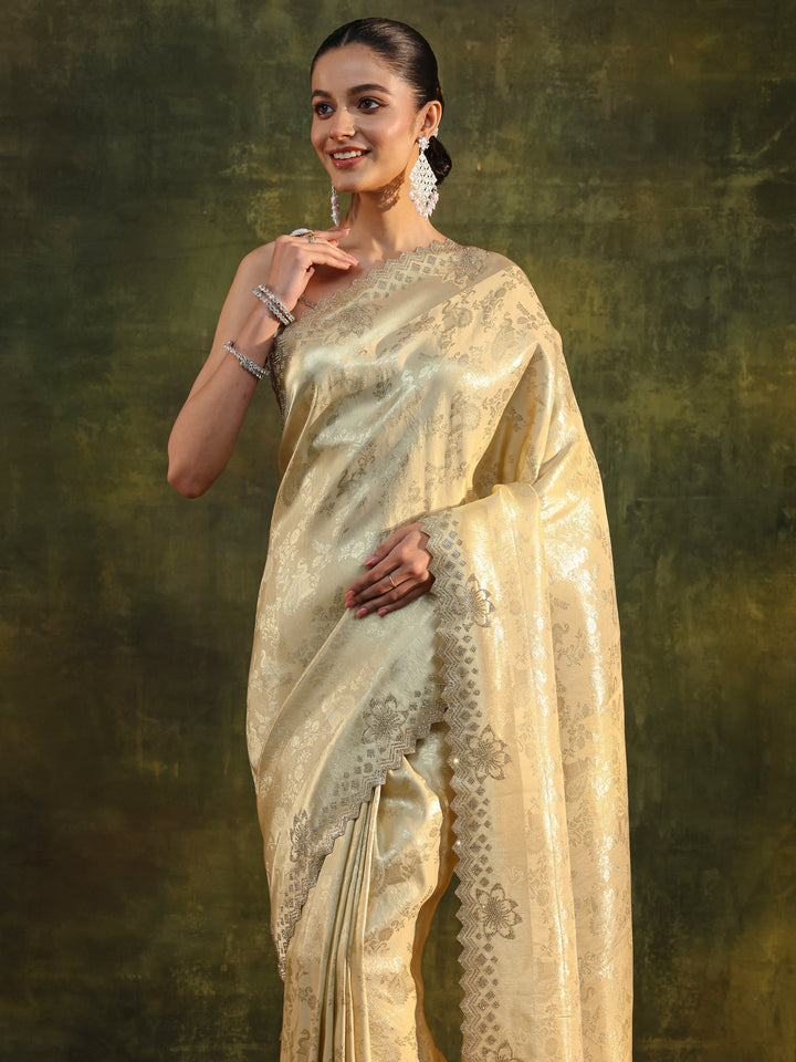 Libas Gold Floral Embellished Silk Blend Saree With Unstitched Blouse Piece