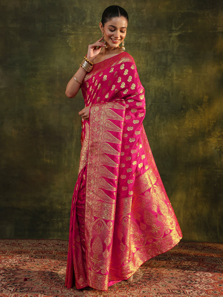 Libas Art Pink Woven Design Silk Blend Banarasi Saree With Unstitched Blouse Piece