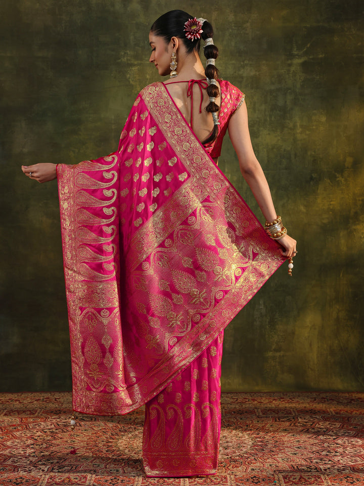 Libas Art Pink Woven Design Silk Blend Banarasi Saree With Unstitched Blouse Piece