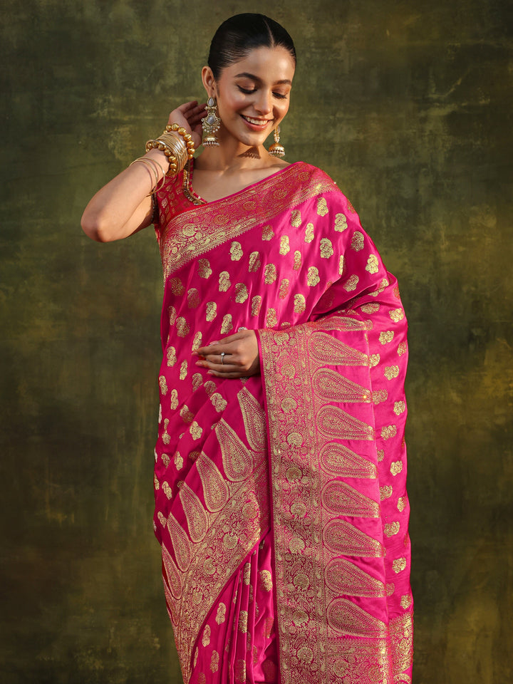 Libas Art Pink Woven Design Silk Blend Banarasi Saree With Unstitched Blouse Piece