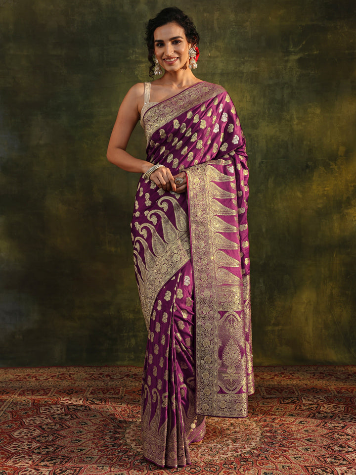 Libas Art Purple Woven Design Silk Blend Banarasi Saree With Unstitched Blouse Piece