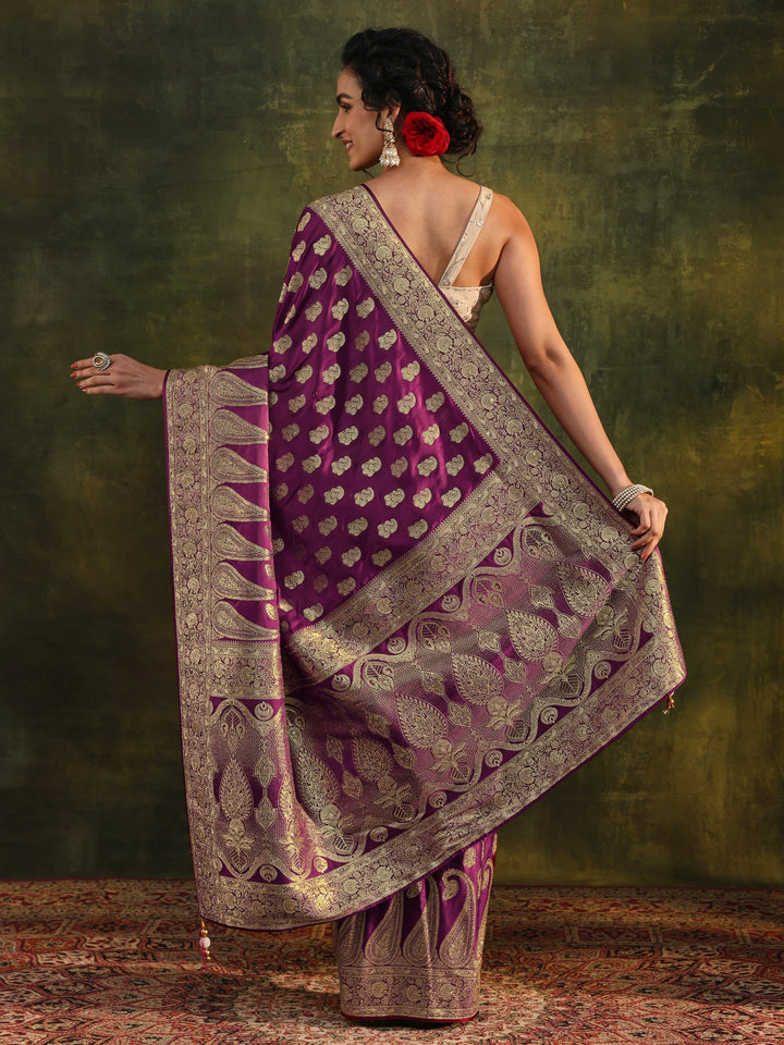 Libas Art Purple Woven Design Silk Blend Banarasi Saree With Unstitched Blouse Piece