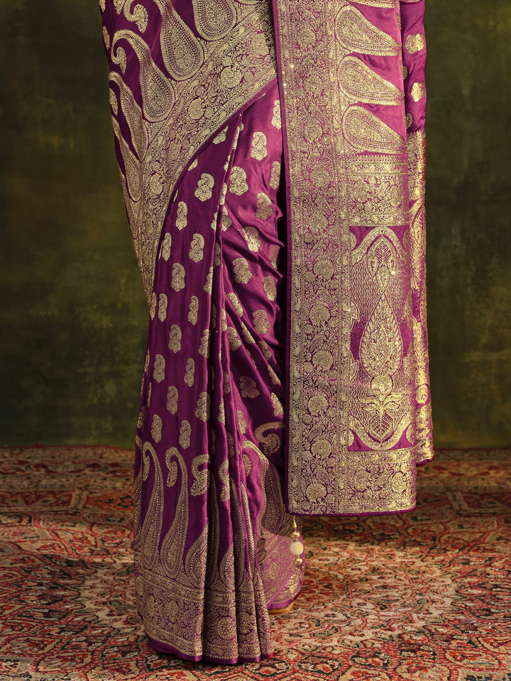 Libas Art Purple Woven Design Silk Blend Banarasi Saree With Unstitched Blouse Piece
