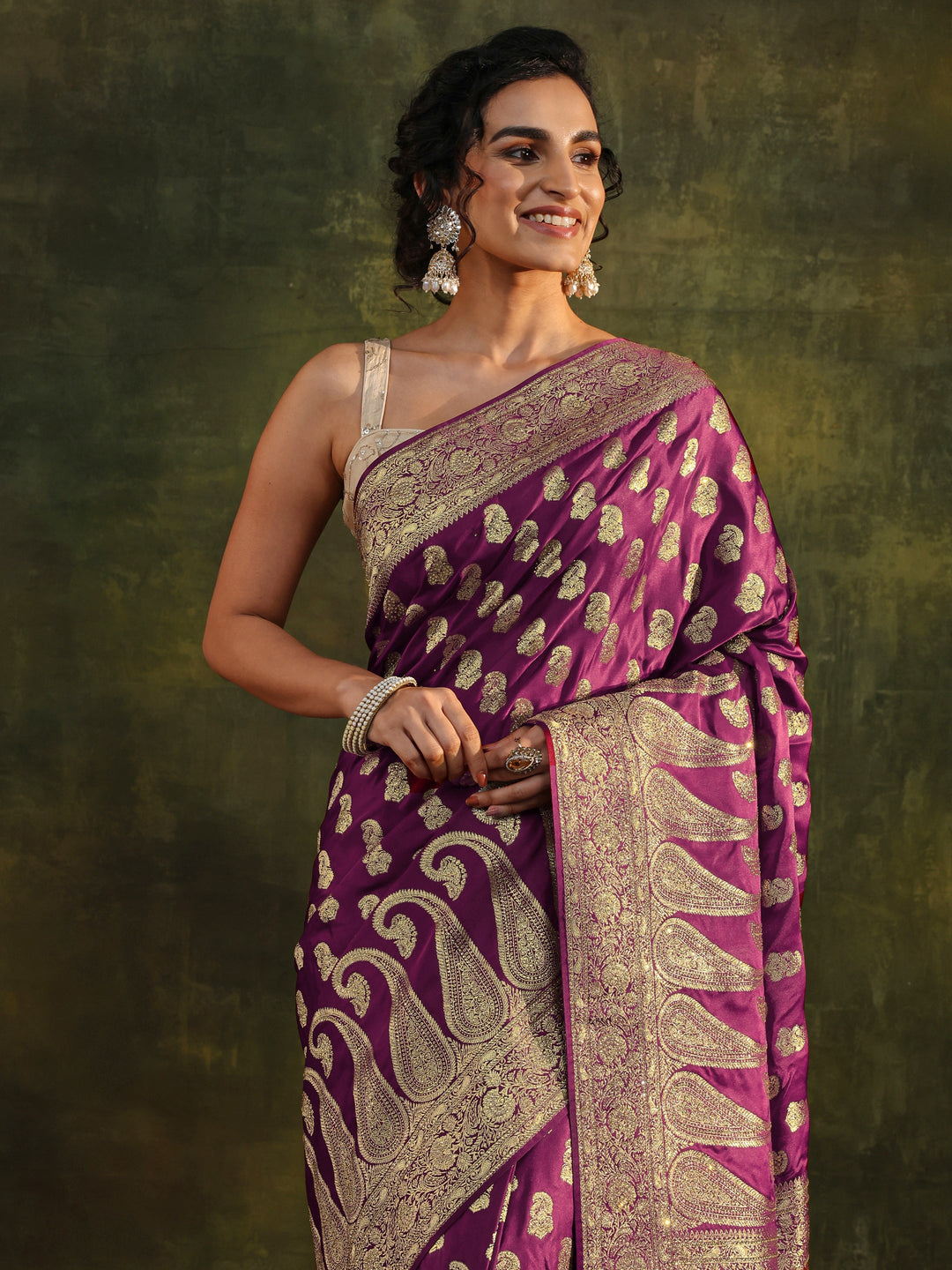 Libas Art Purple Woven Design Silk Blend Banarasi Saree With Unstitched Blouse Piece