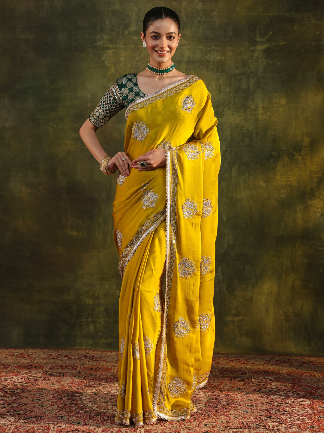 Mustard Floral Embellished Satin Saree With Unstitched Blouse Piece