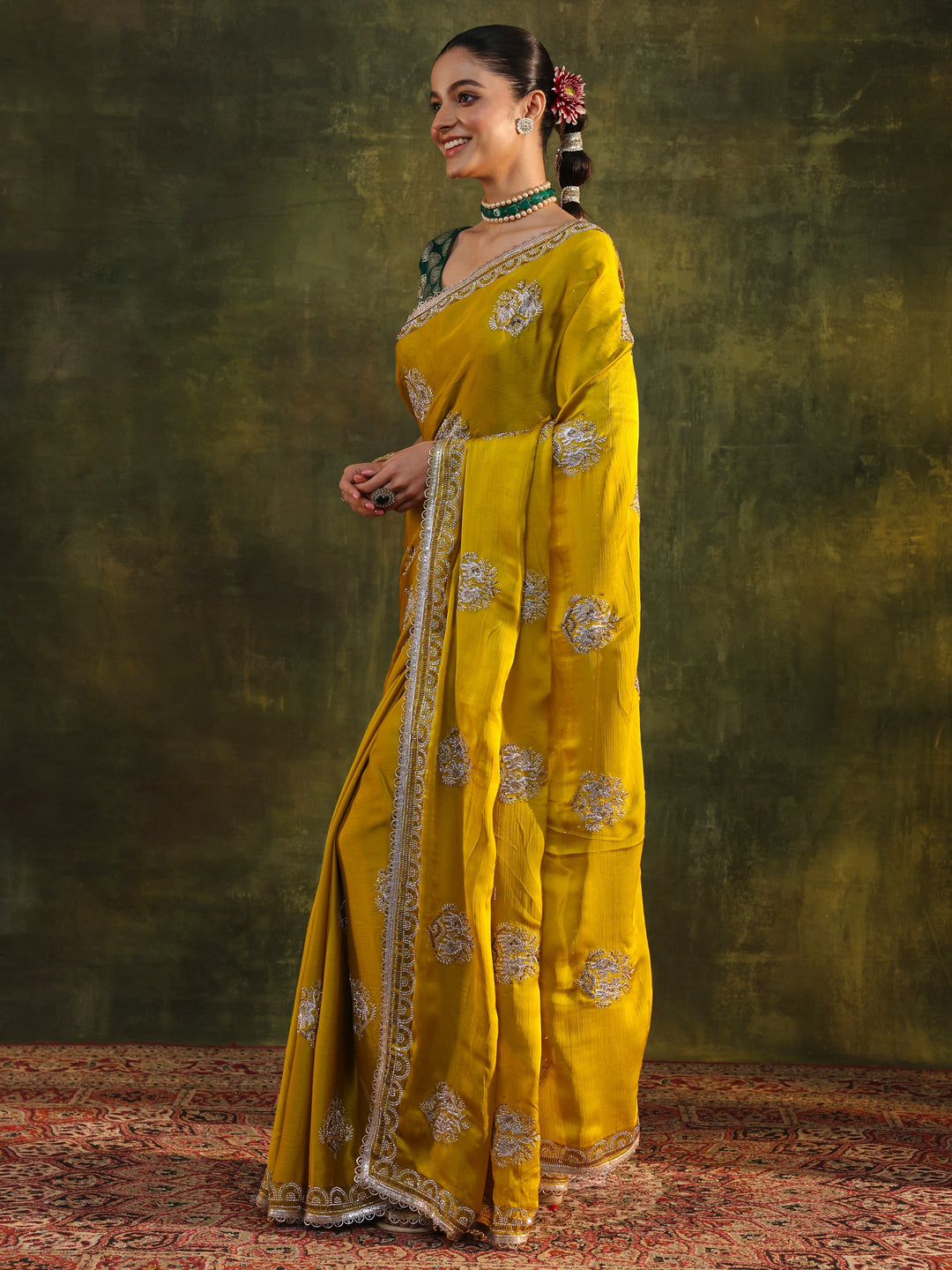 Mustard Floral Embellished Satin Saree With Unstitched Blouse Piece