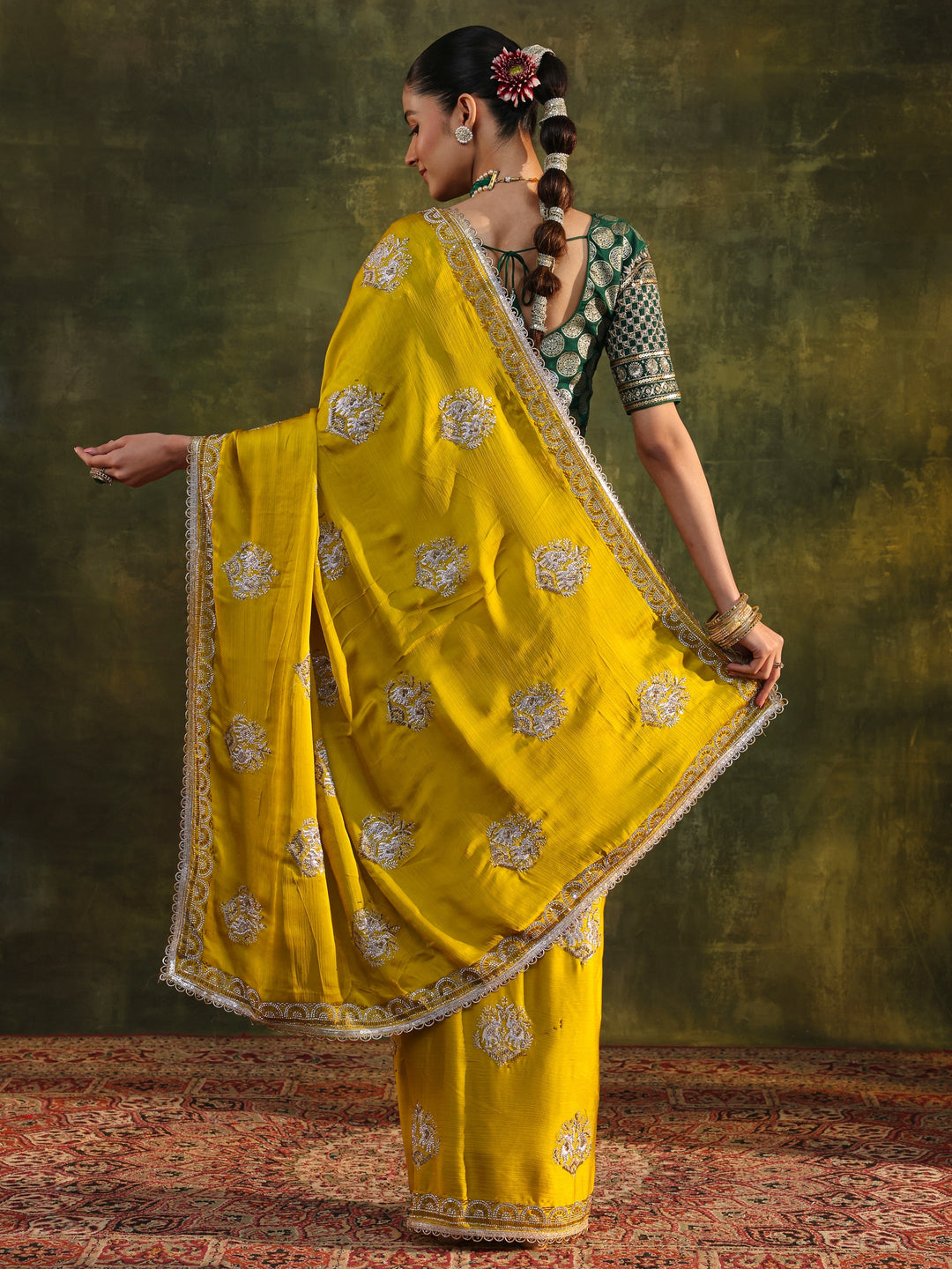 Mustard Floral Embellished Satin Saree With Unstitched Blouse Piece