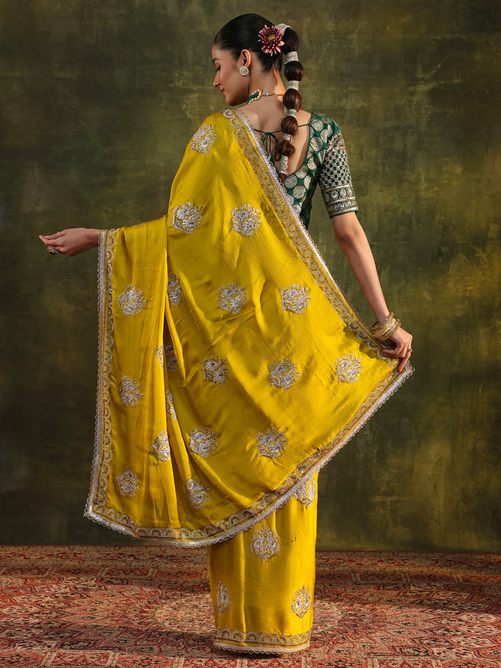 Mustard Floral Embellished Satin Saree With Unstitched Blouse Piece