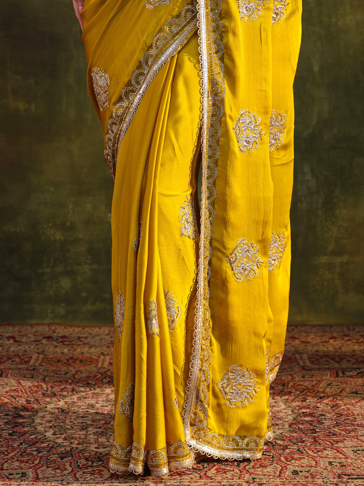 Mustard Floral Embellished Satin Saree With Unstitched Blouse Piece