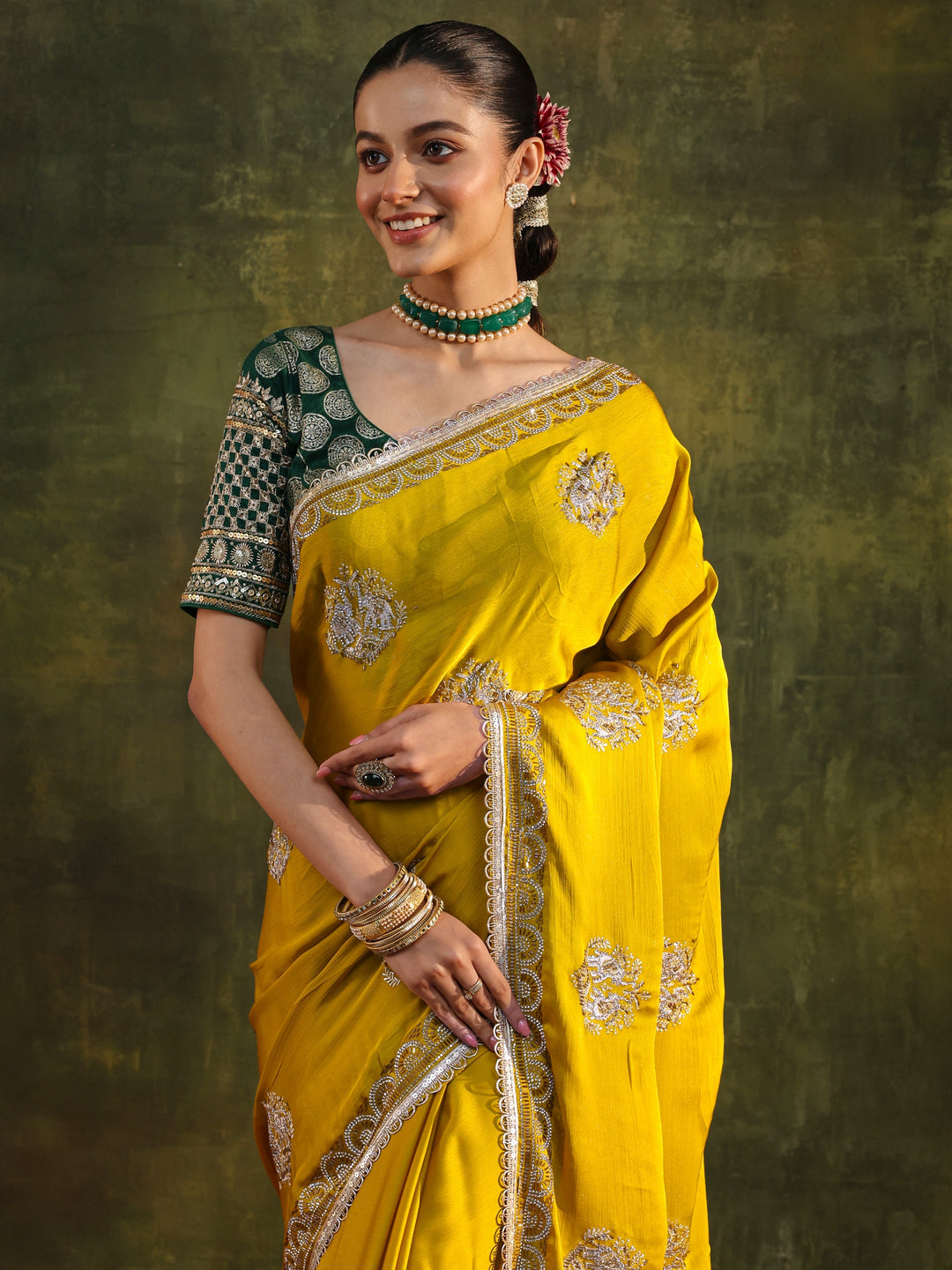 Mustard Floral Embellished Satin Saree With Unstitched Blouse Piece