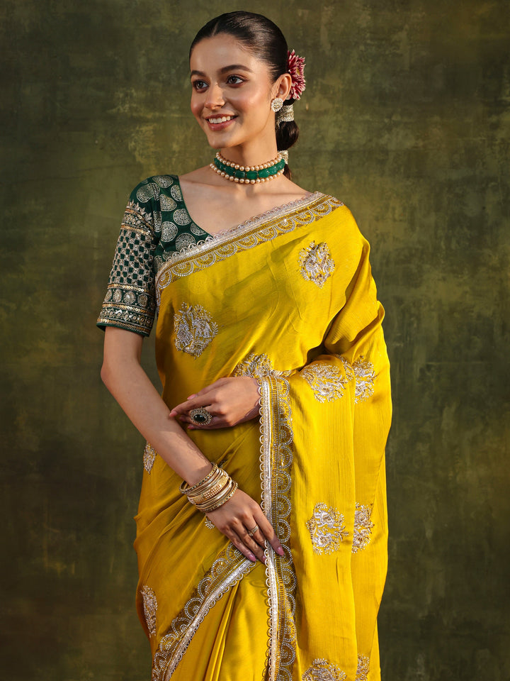 Mustard Floral Embellished Satin Saree With Unstitched Blouse Piece