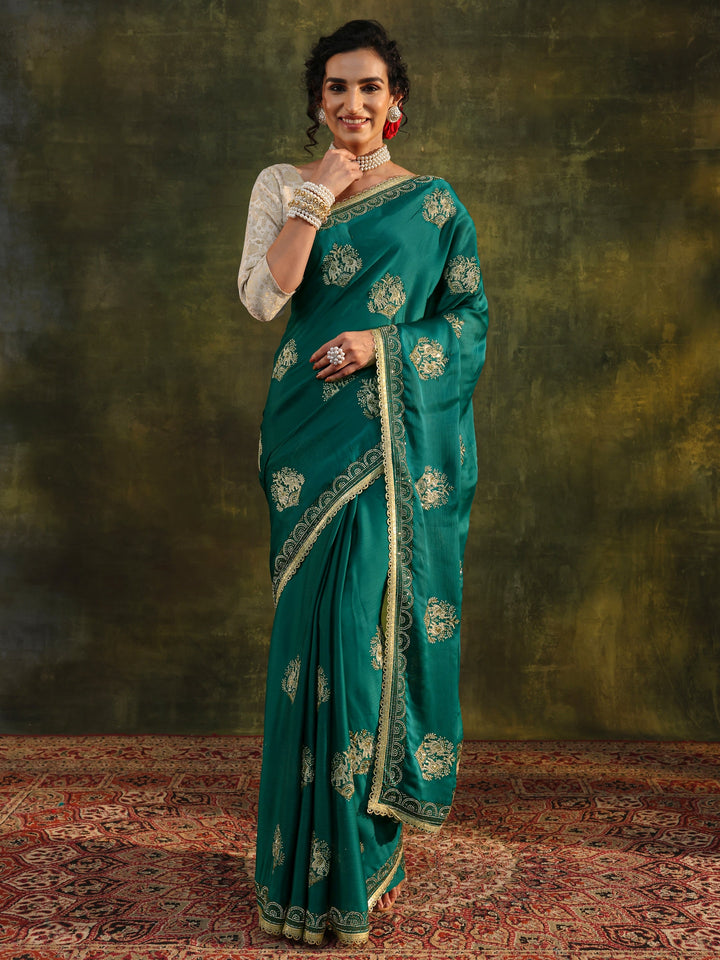 Green Ethnic Embellished Satin Saree With Unstitched Blouse Piece