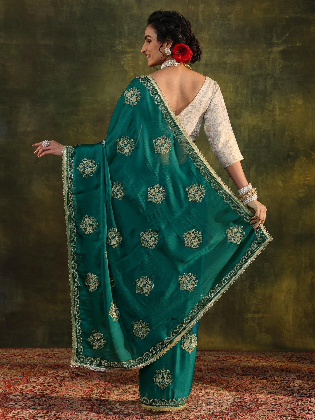 Green Ethnic Embellished Satin Saree With Unstitched Blouse Piece