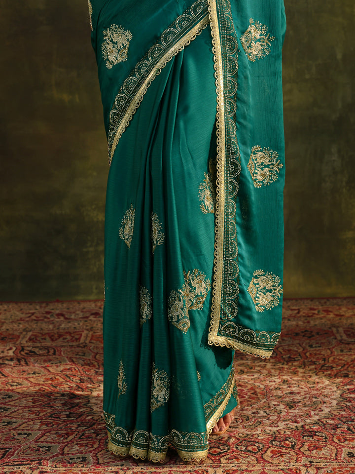 Green Ethnic Embellished Satin Saree With Unstitched Blouse Piece