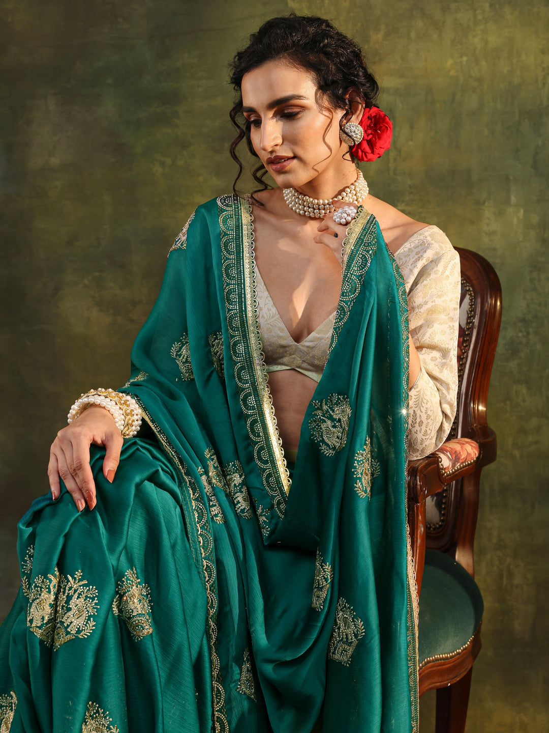Green Ethnic Embellished Satin Saree With Unstitched Blouse Piece