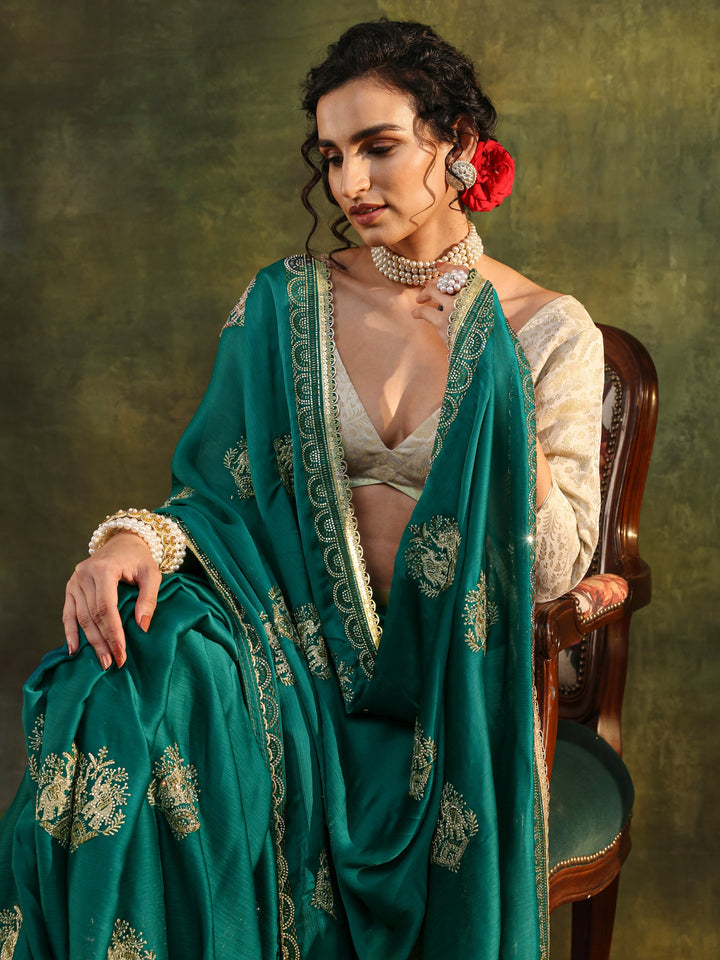 Green Ethnic Embellished Satin Saree With Unstitched Blouse Piece
