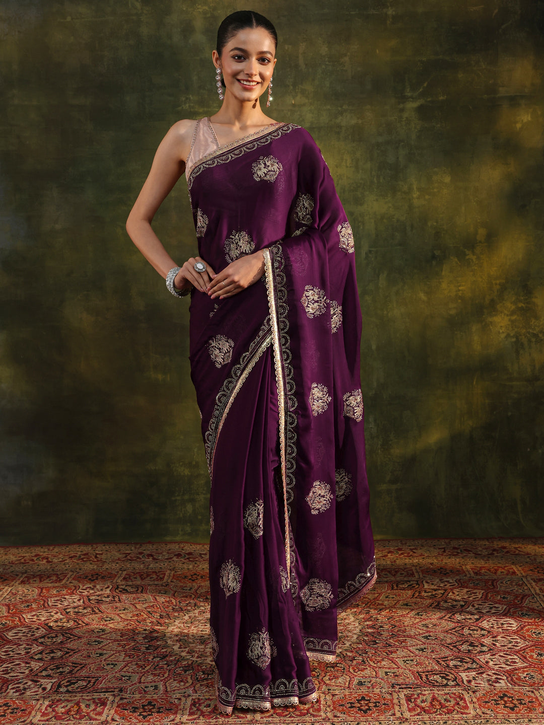 Purple Floral Embellished Satin Saree With Unstitched Blouse Piece