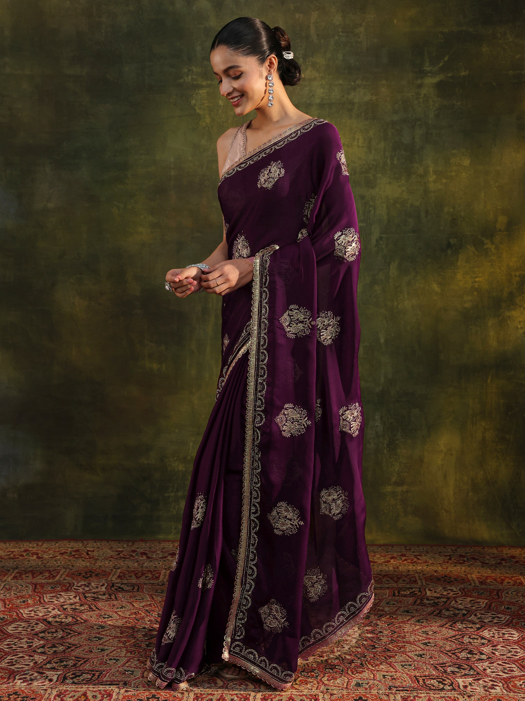 Purple Floral Embellished Satin Saree With Unstitched Blouse Piece