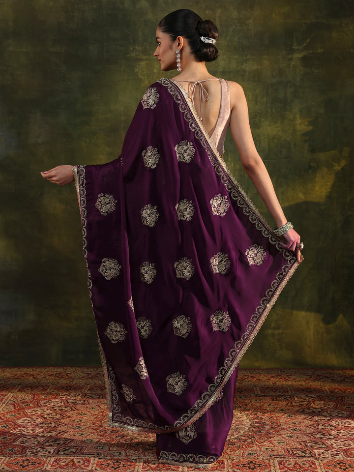 Purple Floral Embellished Satin Saree With Unstitched Blouse Piece