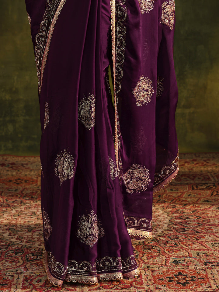Purple Floral Embellished Satin Saree With Unstitched Blouse Piece