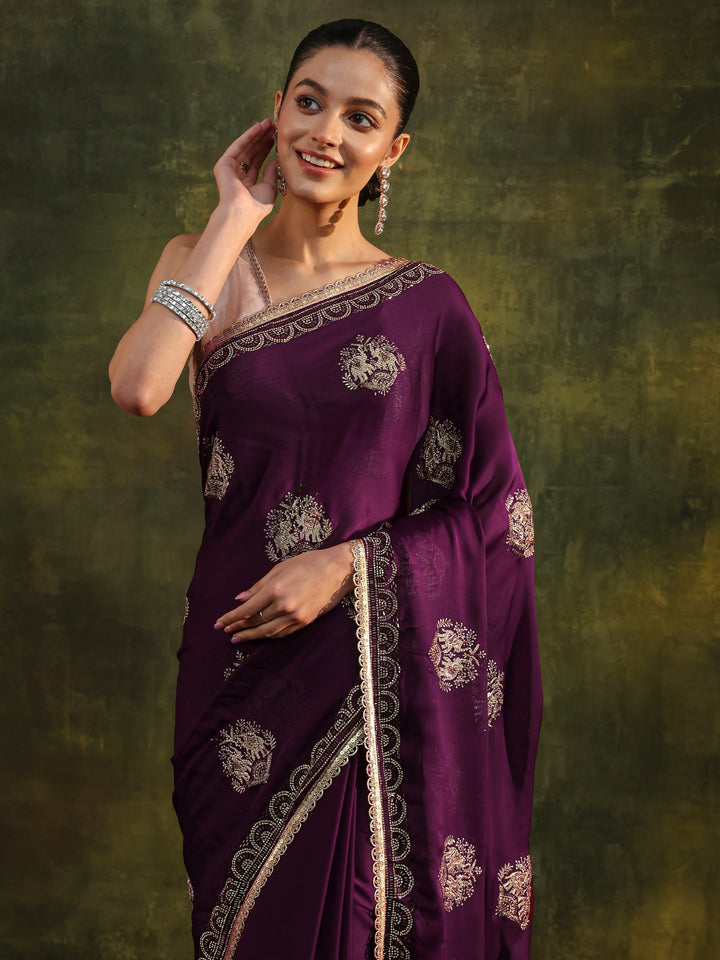 Purple Floral Embellished Satin Saree With Unstitched Blouse Piece