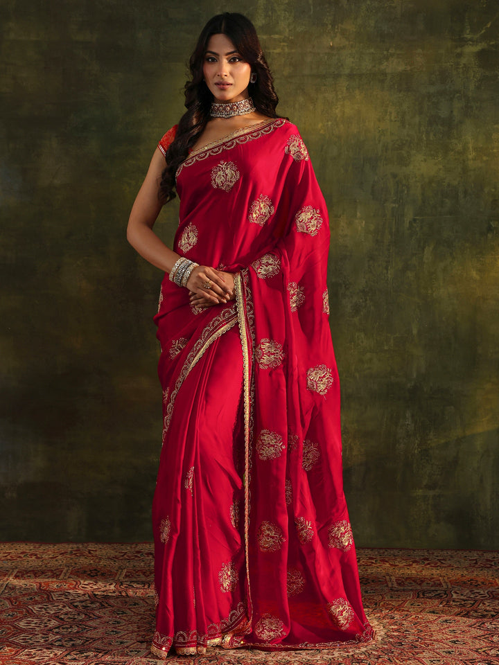 Libas Red Embellished Satin Saree With Unstitched Blouse Piece