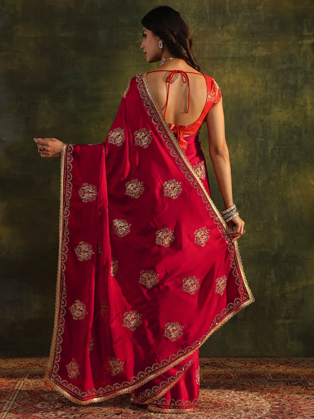 Libas Red Embellished Satin Saree With Unstitched Blouse Piece