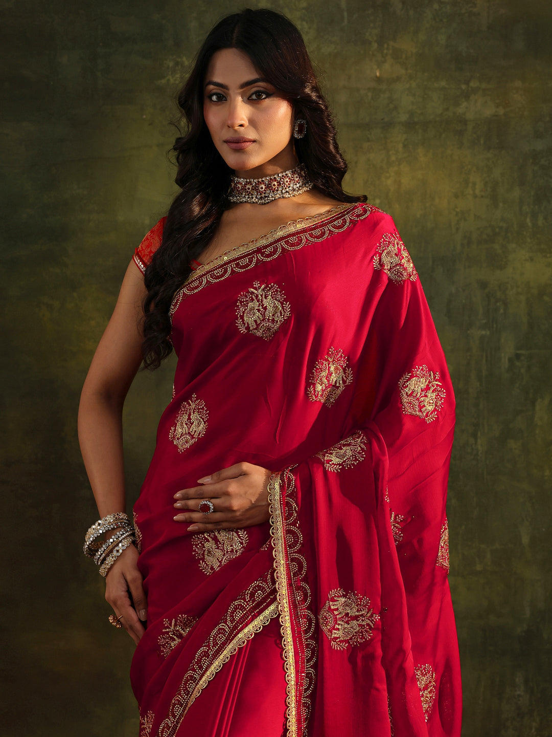 Libas Red Embellished Satin Saree With Unstitched Blouse Piece