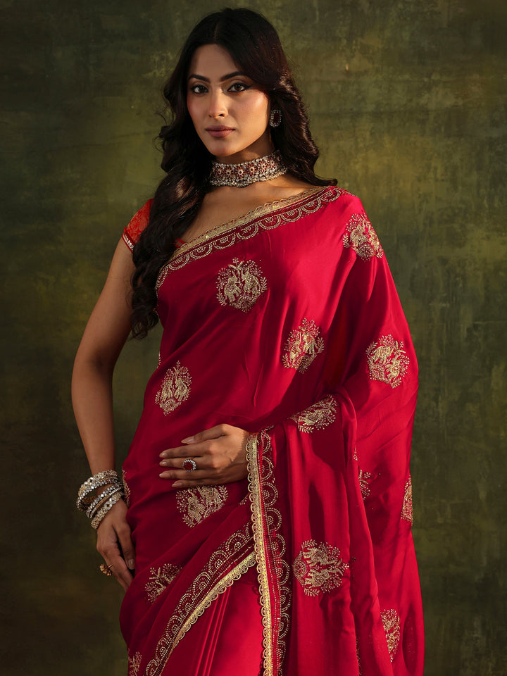 Libas Red Embellished Satin Saree With Unstitched Blouse Piece