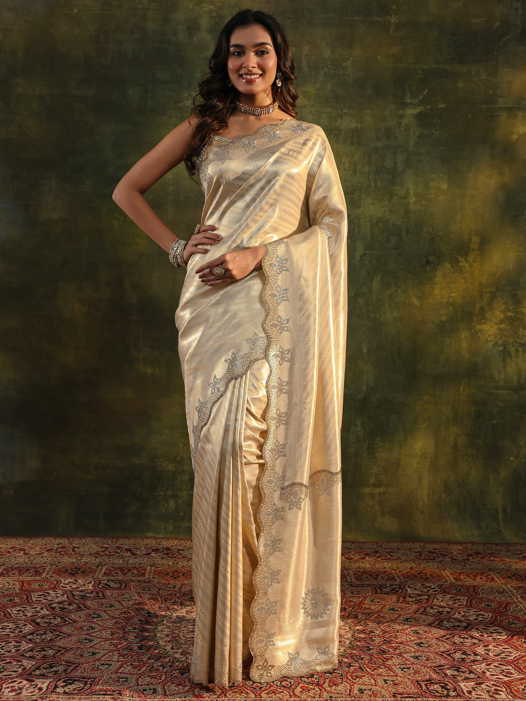 Libas Art Gold Floral Embellished Silk Blend Saree With Unstitched Blouse Piece