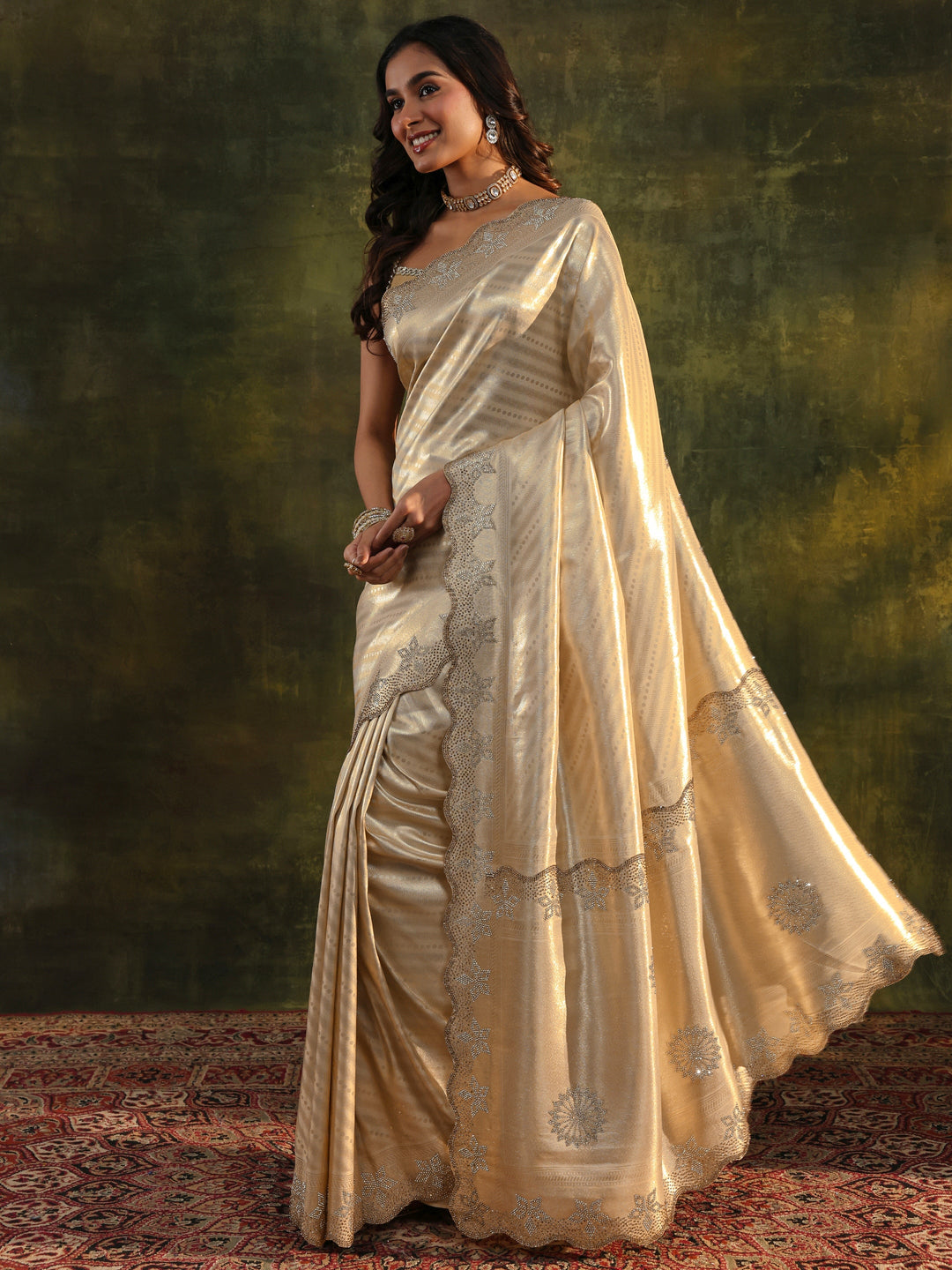 Libas Art Gold Floral Embellished Silk Blend Saree With Unstitched Blouse Piece