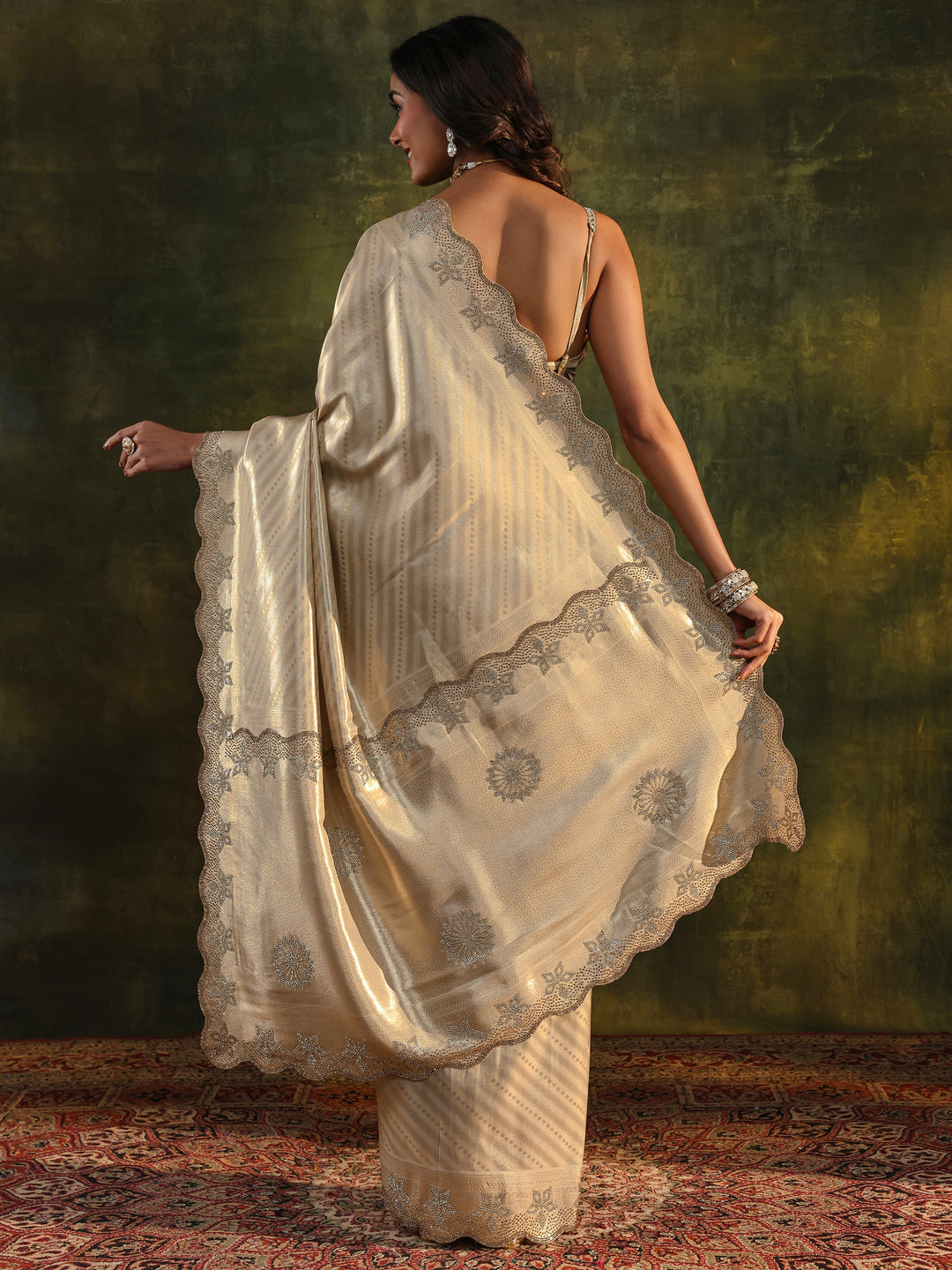 Libas Art Gold Floral Embellished Silk Blend Saree With Unstitched Blouse Piece