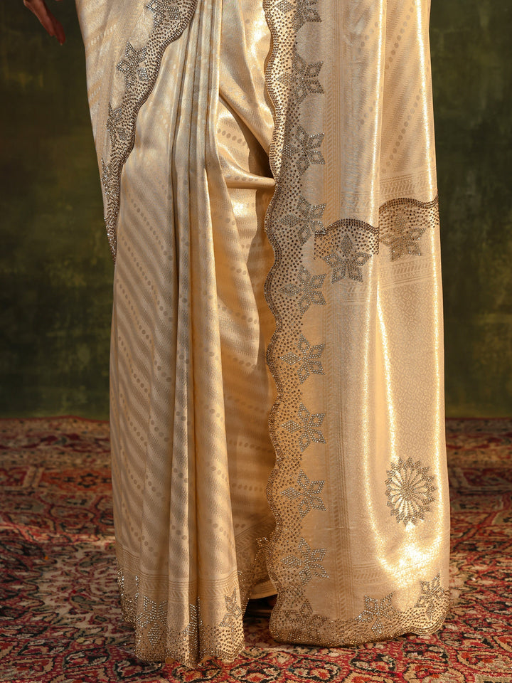 Libas Art Gold Floral Embellished Silk Blend Saree With Unstitched Blouse Piece