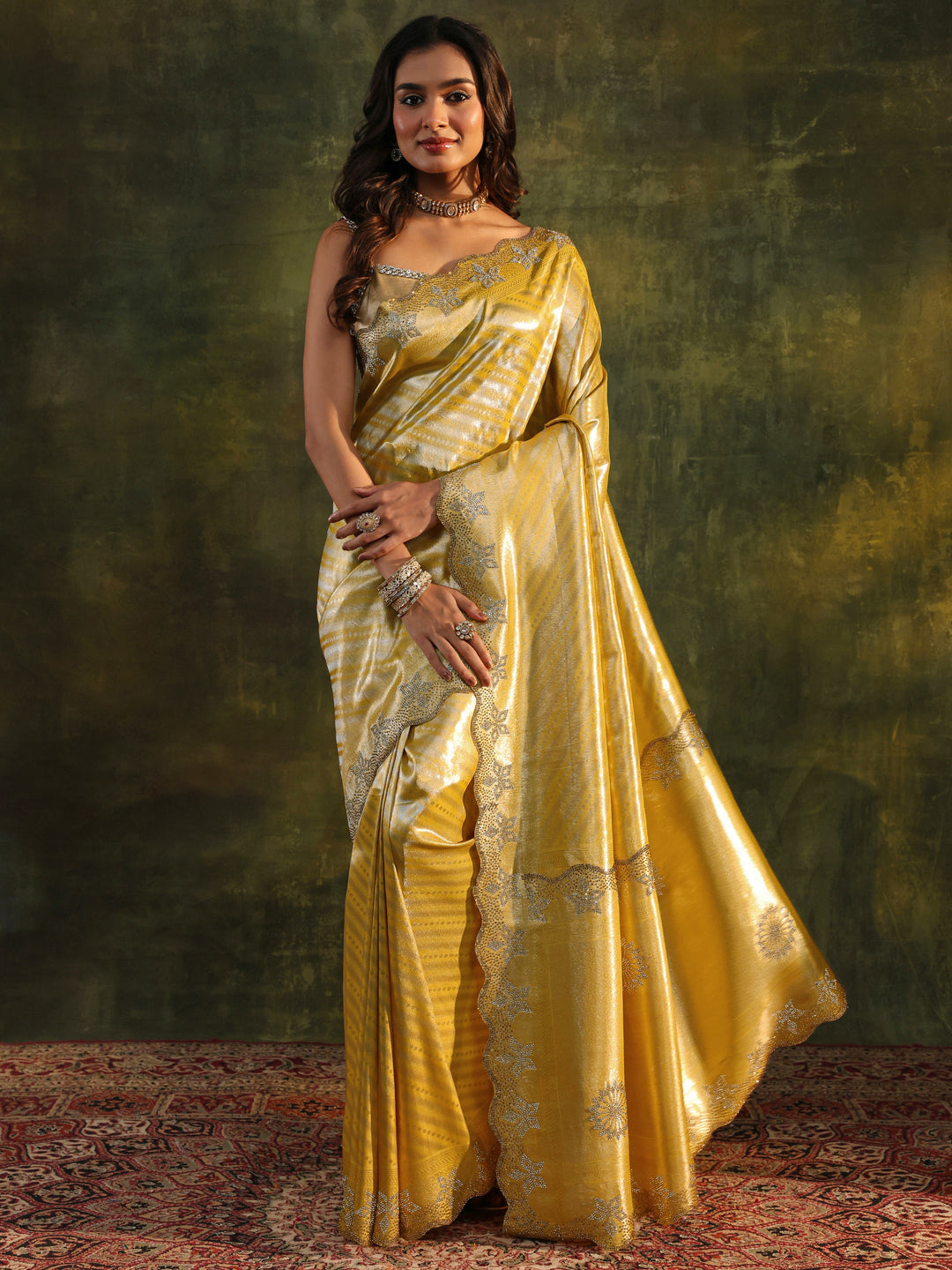 Libas Art Mustard Floral Embellished Silk Blend Saree With Unstitched Blouse Piece