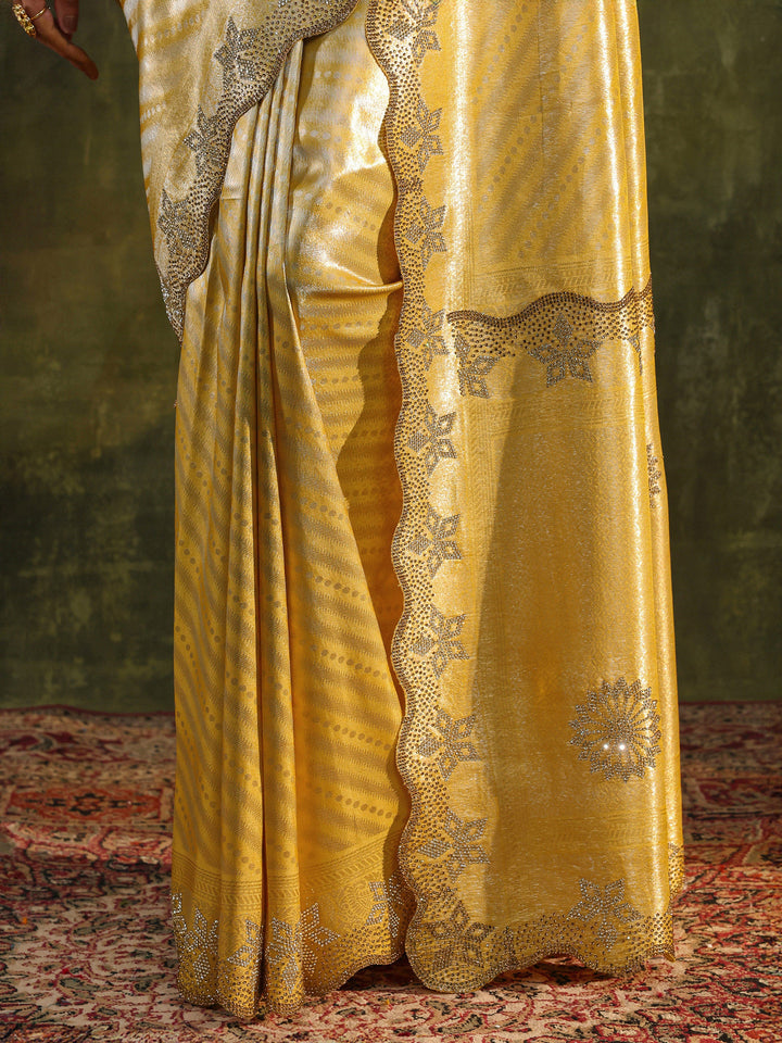 Libas Art Mustard Floral Embellished Silk Blend Saree With Unstitched Blouse Piece