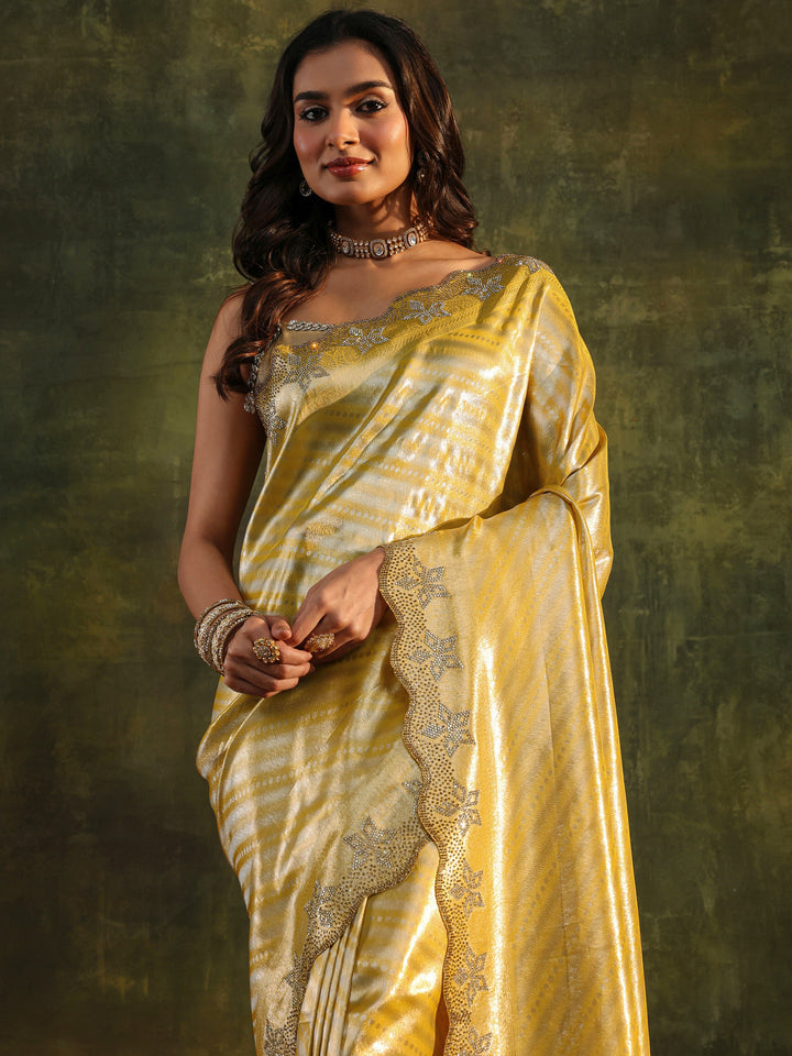 Libas Art Mustard Floral Embellished Silk Blend Saree With Unstitched Blouse Piece